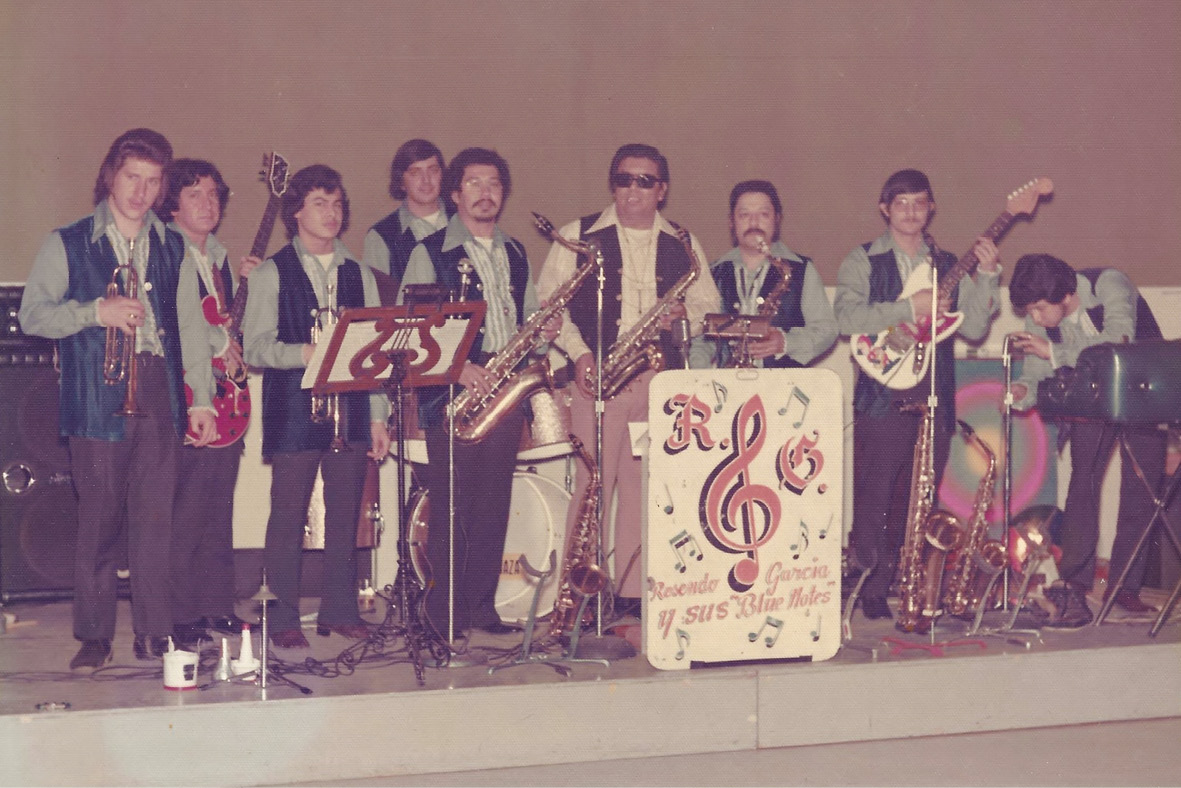 Rudy Peña (third from left) joined Los Blue Notes at age 15. Standing to his left in this 1972 photo are his uncle Henry Peña (drums), his uncle Eli Sauceda (saxophone), and Rosendo Garcia (in white shirt).